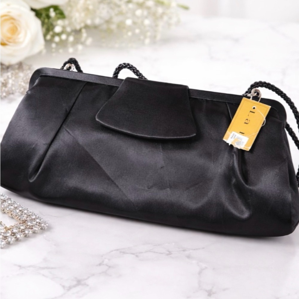 La Regale Black Satin Evening Clutch w/ Rope Strap - Elegant
Formal Bag NWT